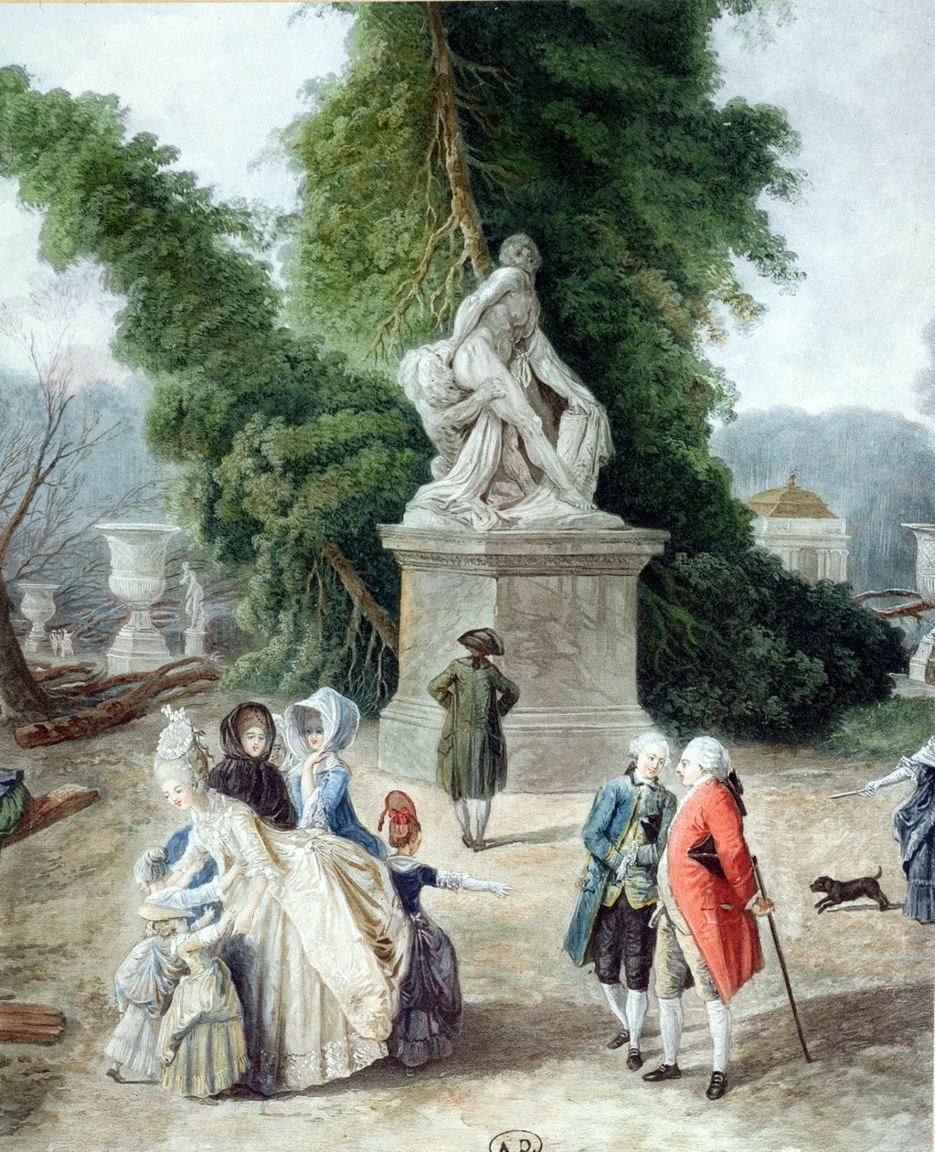 Ludvík XVI. (1754-1793) a Marie-Antoinetta (1755-1793) u vchodu do Tapis Vert v zahradách Versailles, 1775 (barevná rytina) (detail) od Hubert Robert