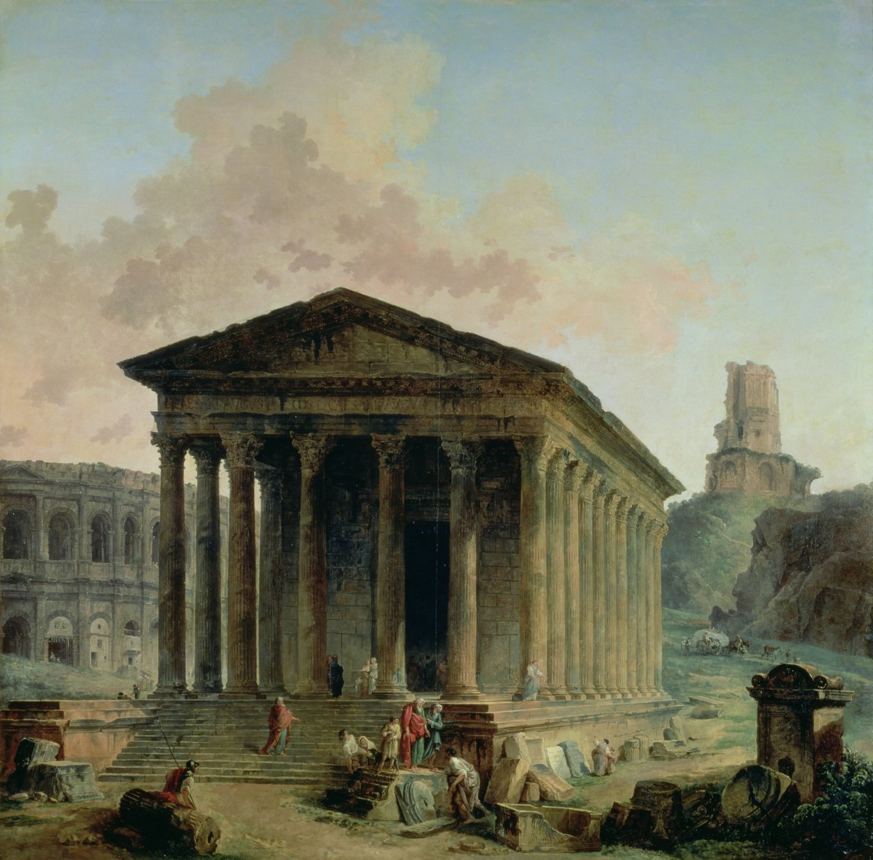 Maison Carree s amfiteátrem a Tour Magne v Nimes, 1786-87 od Hubert Robert