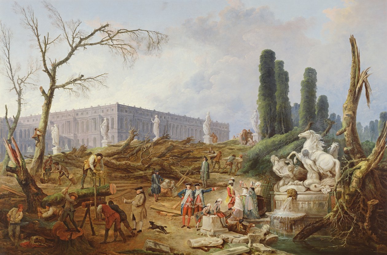 Kácení stromů ve Versailleské zahradě kolem Apollónových lázní, 1775-77 od Hubert Robert