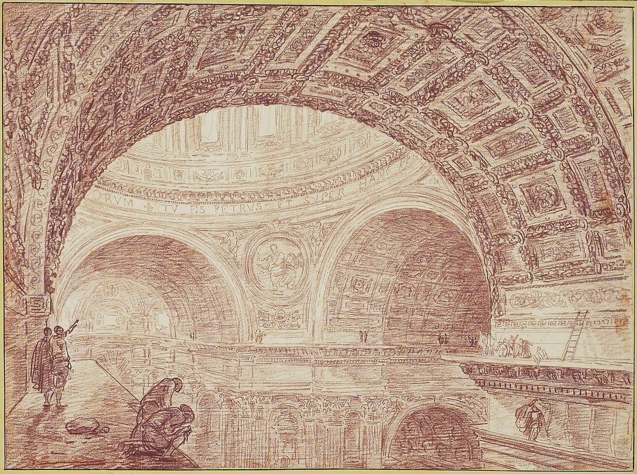 Pohled na klenbu sv. Petra z horní římsy, kolem roku 1763 (červená křída na položeném papíře) od Hubert Robert