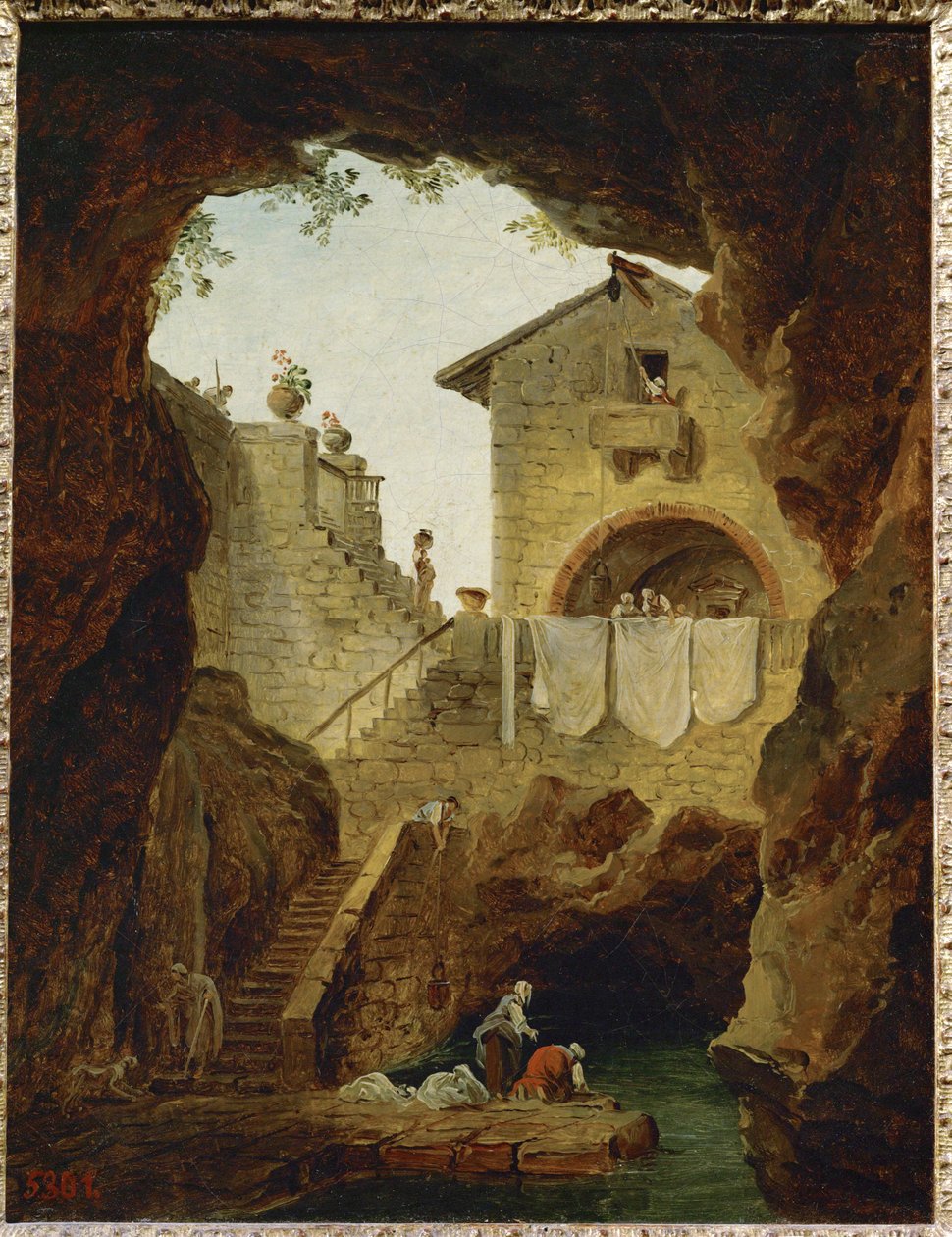 Lavandieres. La fontaine sous la grotte. Pračky. Fontána v jeskyni ... od Hubert (circle of) Robert