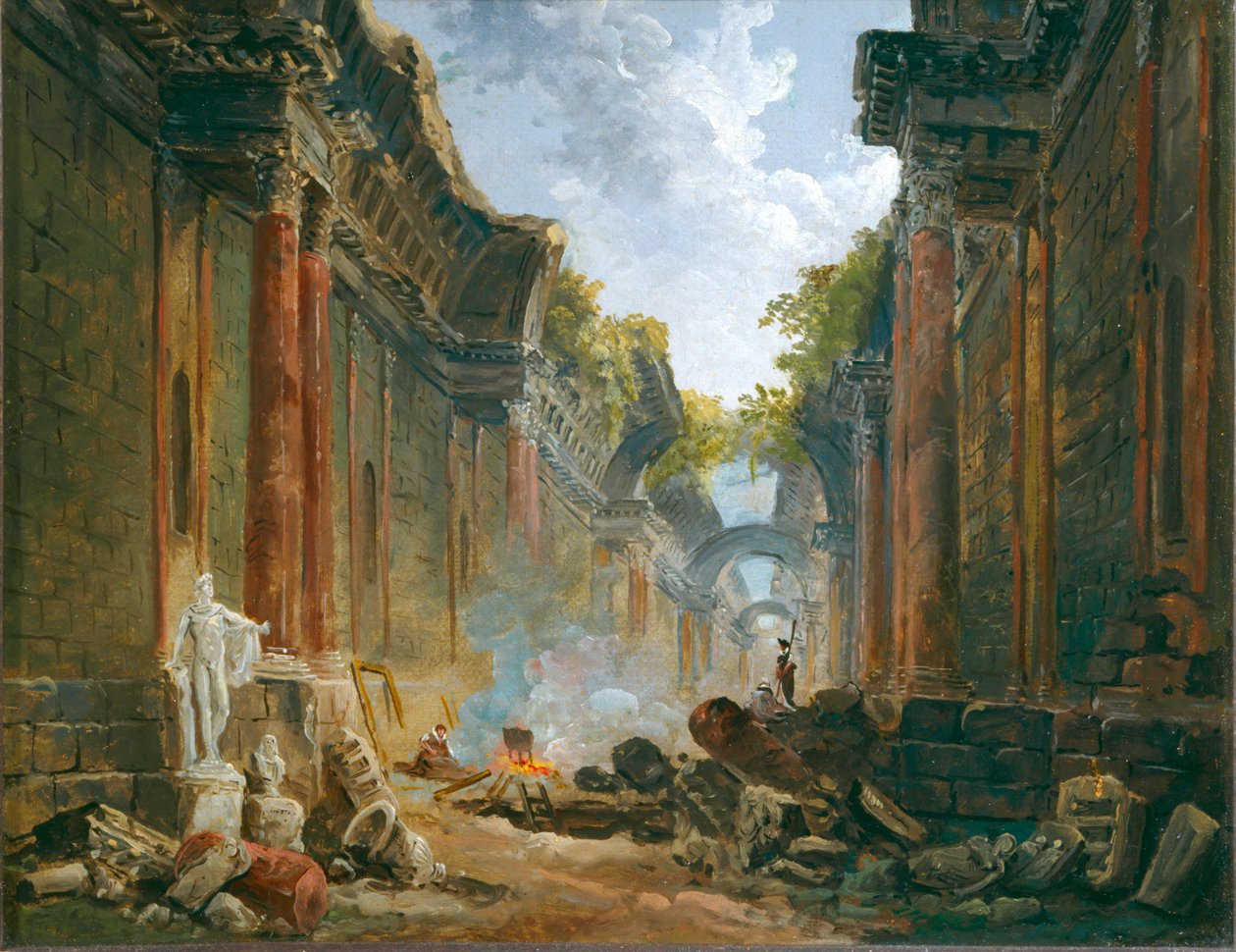 Vue imaginaire de la Grande Galerie en ruine - Imaginární pohled na Velkou galerii v troskách ... od Hubert (circle of) Robert