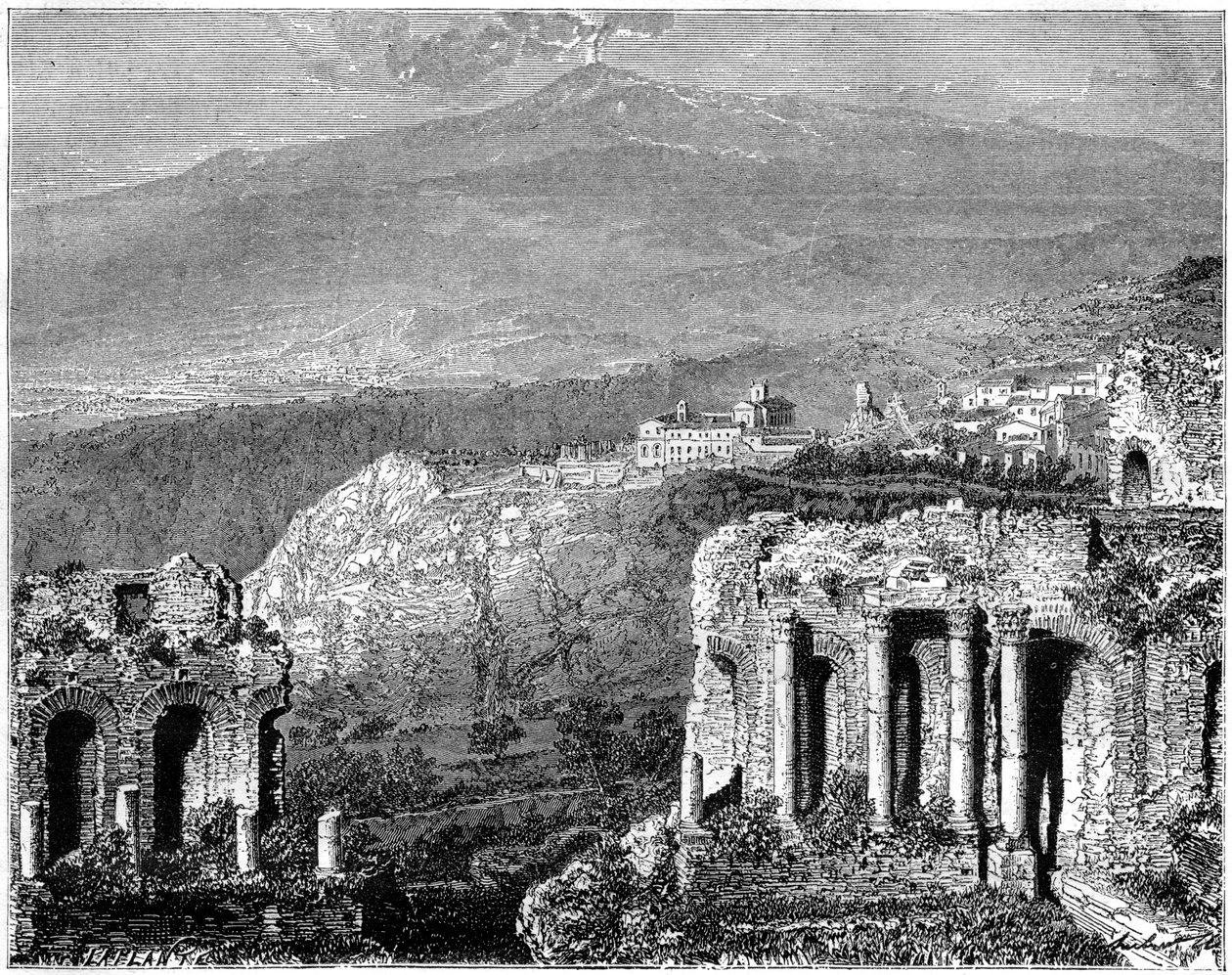 Etna a pohled na Taorminu, Sicílie, Itálie, 19. století od Hubert Clerget