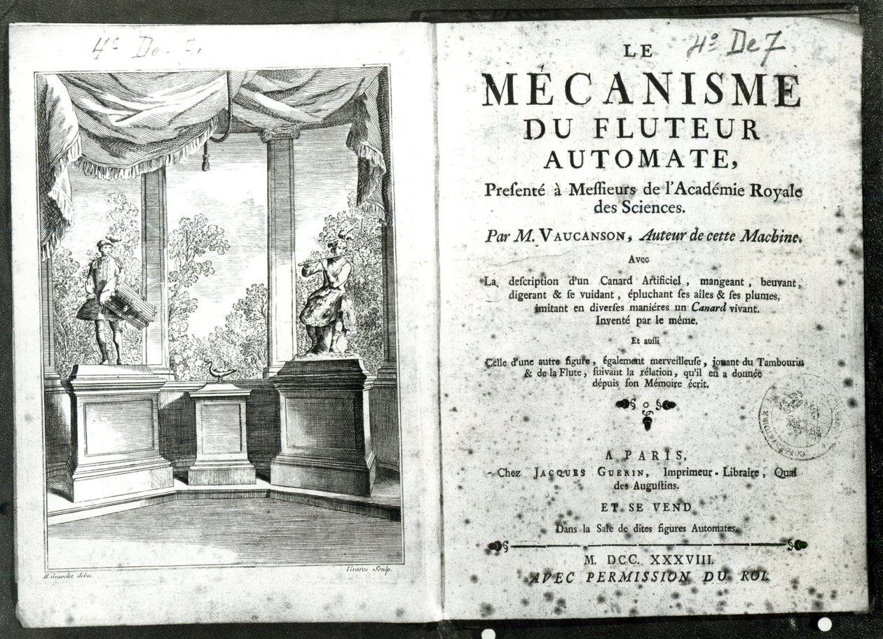 Automatons, ilustrace frontispisu z „Le Mecanisme du fluteur automate“ od Jacquese de Vaucansona, vyryl Francois Vivares (1709-80) 1738 od Hubert Francois Gravelot