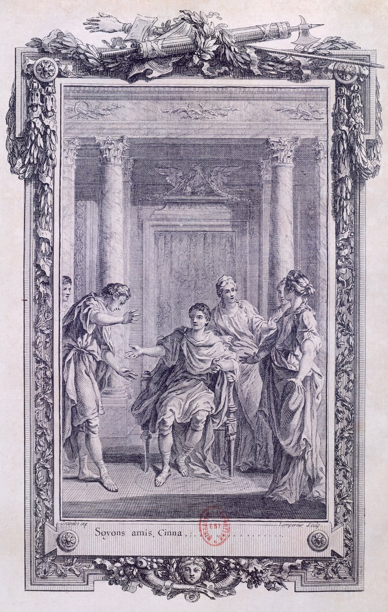 Cinna aneb The Clemency of Augustus, tragédie od Pierra Corneille (1606-1684), rytina od Gravelota (1699-1773) od Hubert Francois Gravelot