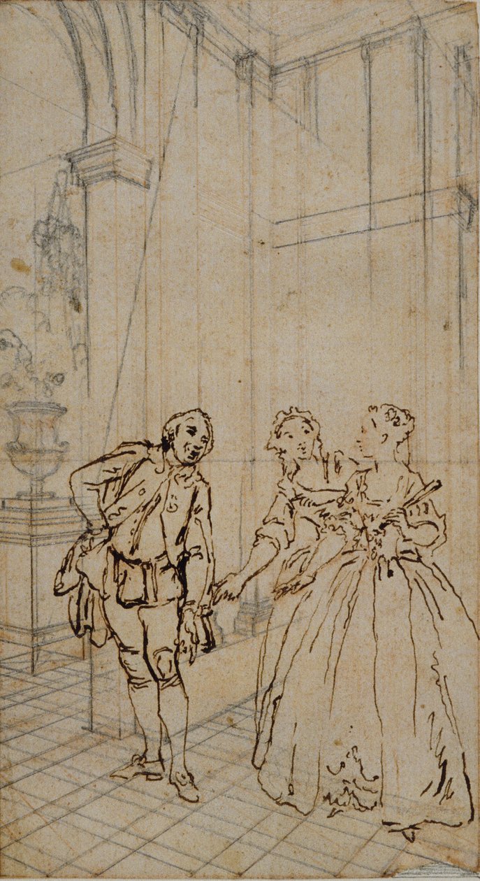 Literární ilustrace s gentlemanem a dvěma dámami v interiéru od Hubert Francois Gravelot