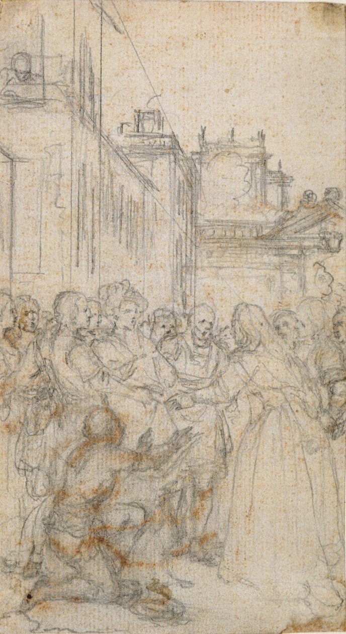 Literární ilustrace se skupinou postav prosí muže od Hubert Francois Gravelot