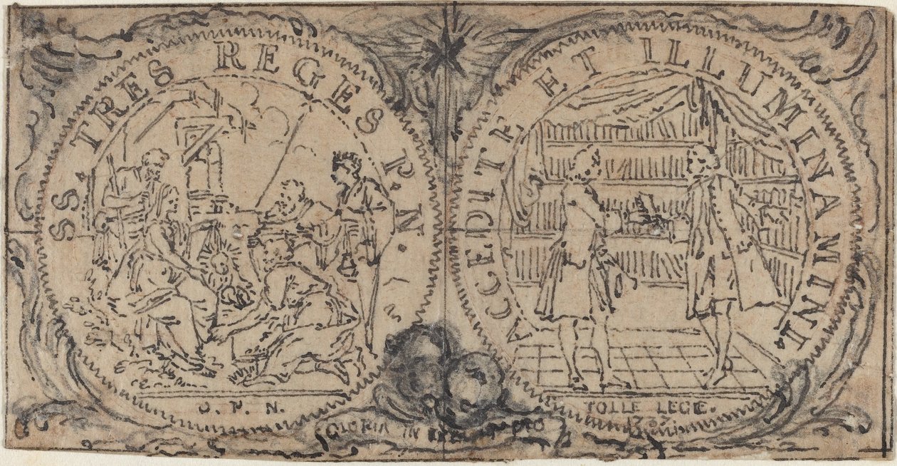 Ozdobné medailony s Klaněním tří králů a dvěma bibliofily od Hubert Francois Gravelot