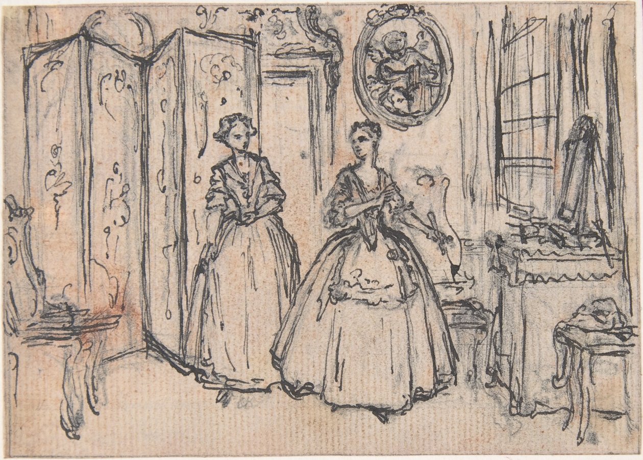 Studie pro „O síle strážce“, leptaná viněta v „Písních v opeře Flora“ od Hubert Francois Gravelot