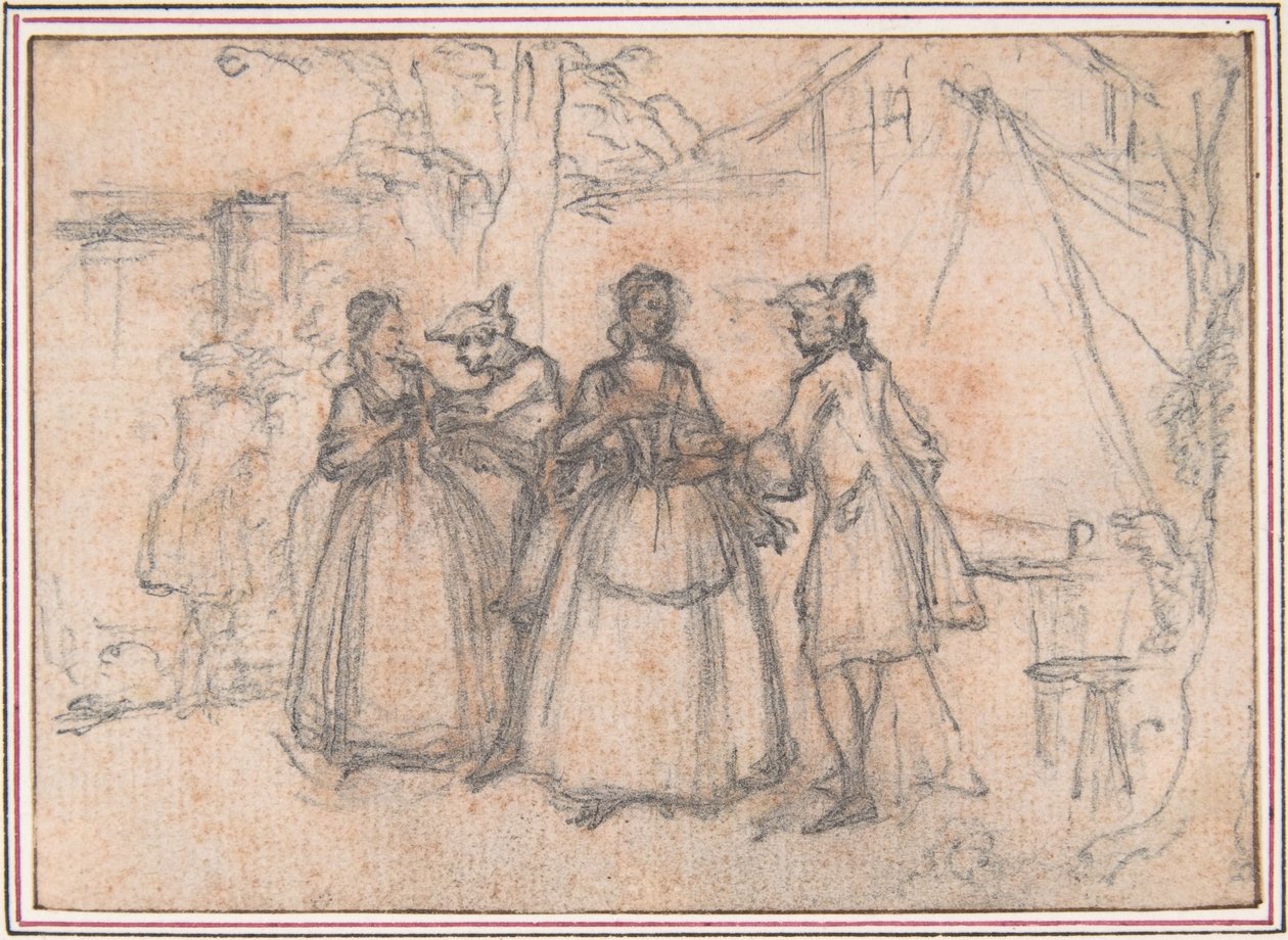 Studie k „Podezřelému jarmarku“, leptaná viněta v „Písních v opeře Flora“ od Hubert Francois Gravelot