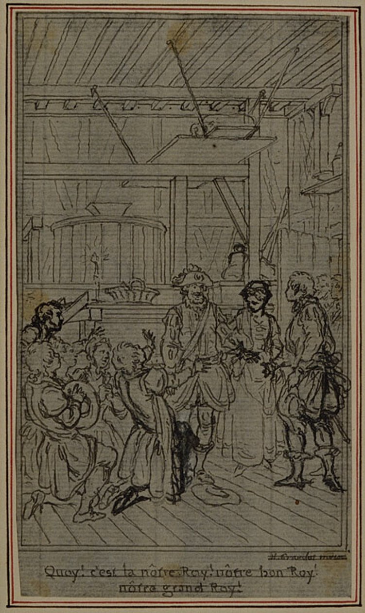 Studie k vinětě - titulní list Colleho hry "La Partie de Chasse de Henri IV", III. dějství od Hubert Francois Gravelot