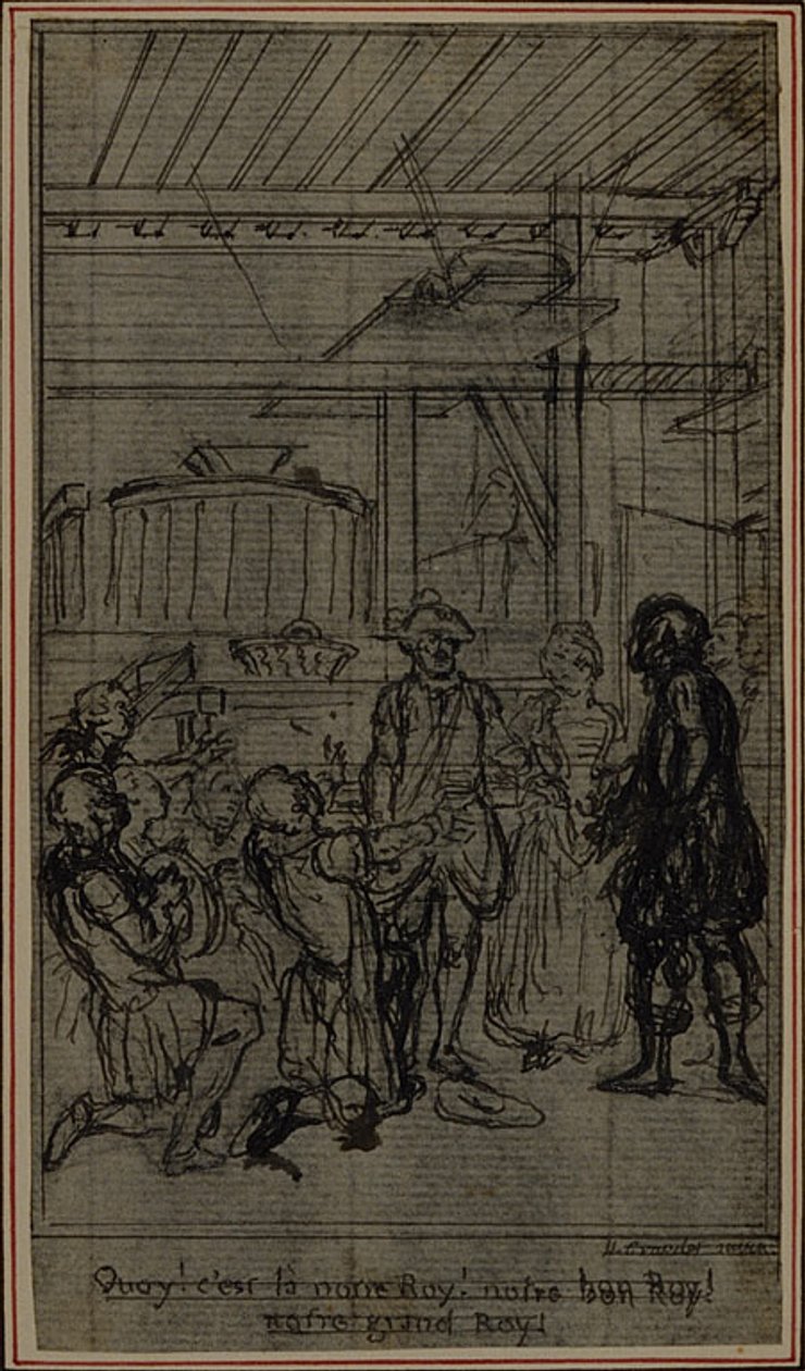 Studie k vinětě - titulní list Colleho hry "La Partie de Chasse de Henri IV", III. dějství od Hubert Francois Gravelot