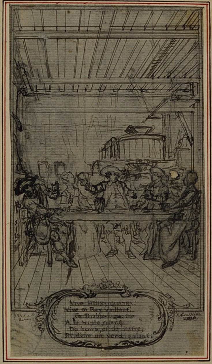 Studie k vinětě - titulní list Colleho "La Partie de Chasse de Henri IV", Act III, Vive Henry Quatre! od Hubert Francois Gravelot