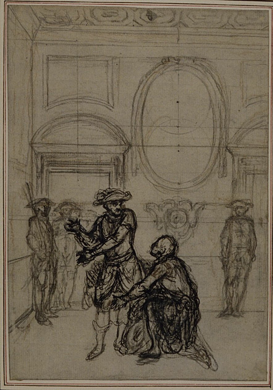 Studie k druhému, nikdy nepublikovanému vydání Colleho hry "La Partie de Chasse de Henri IV", Act I, Scene 6. od Hubert Francois Gravelot