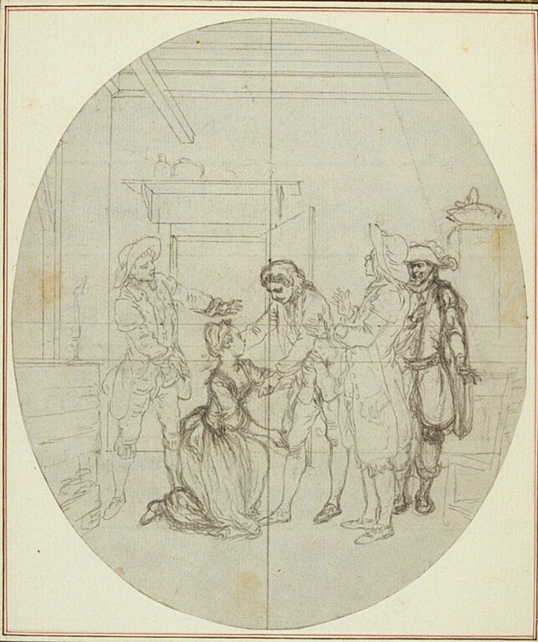 Studie k druhému vydání Colleho hry "La Partie de Chasse de Henri IV", Act III, Scene 11, která nebyla nikdy publikována. od Hubert Francois Gravelot