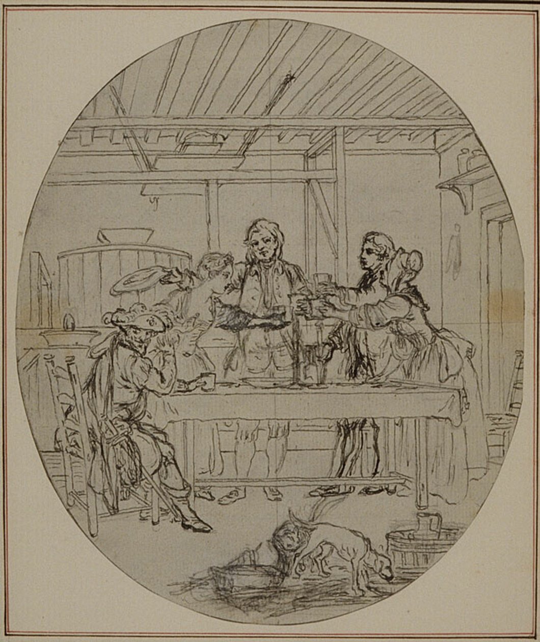 Studie k druhému vydání Colleho hry "La Partie de Chasse de Henri IV", Act III, Scene 10, která nebyla nikdy publikována. od Hubert Francois Gravelot