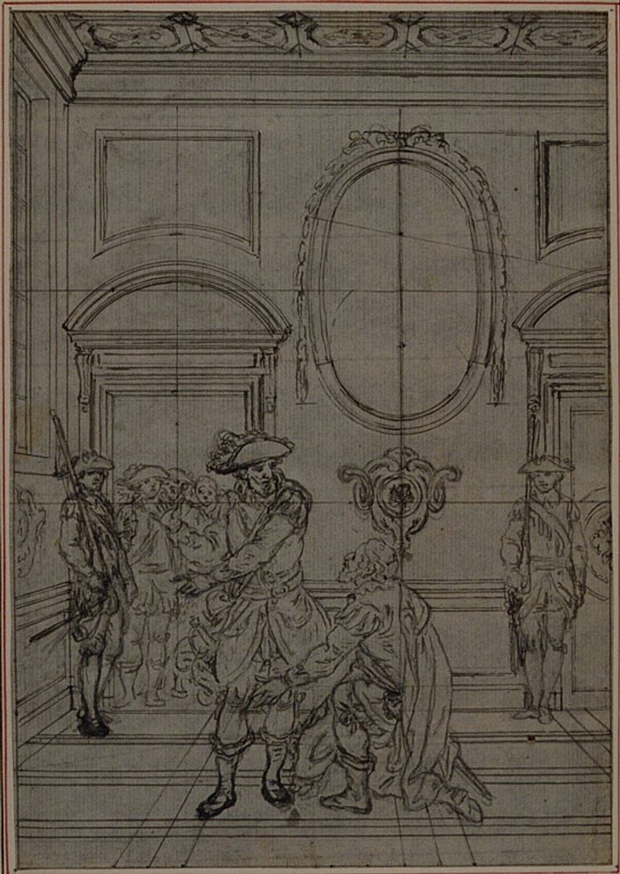 Studie k druhému, nikdy nepublikovanému vydání Colleho hry "La Partie de Chasse de Henri IV", Act I, Scene 6. od Hubert Francois Gravelot