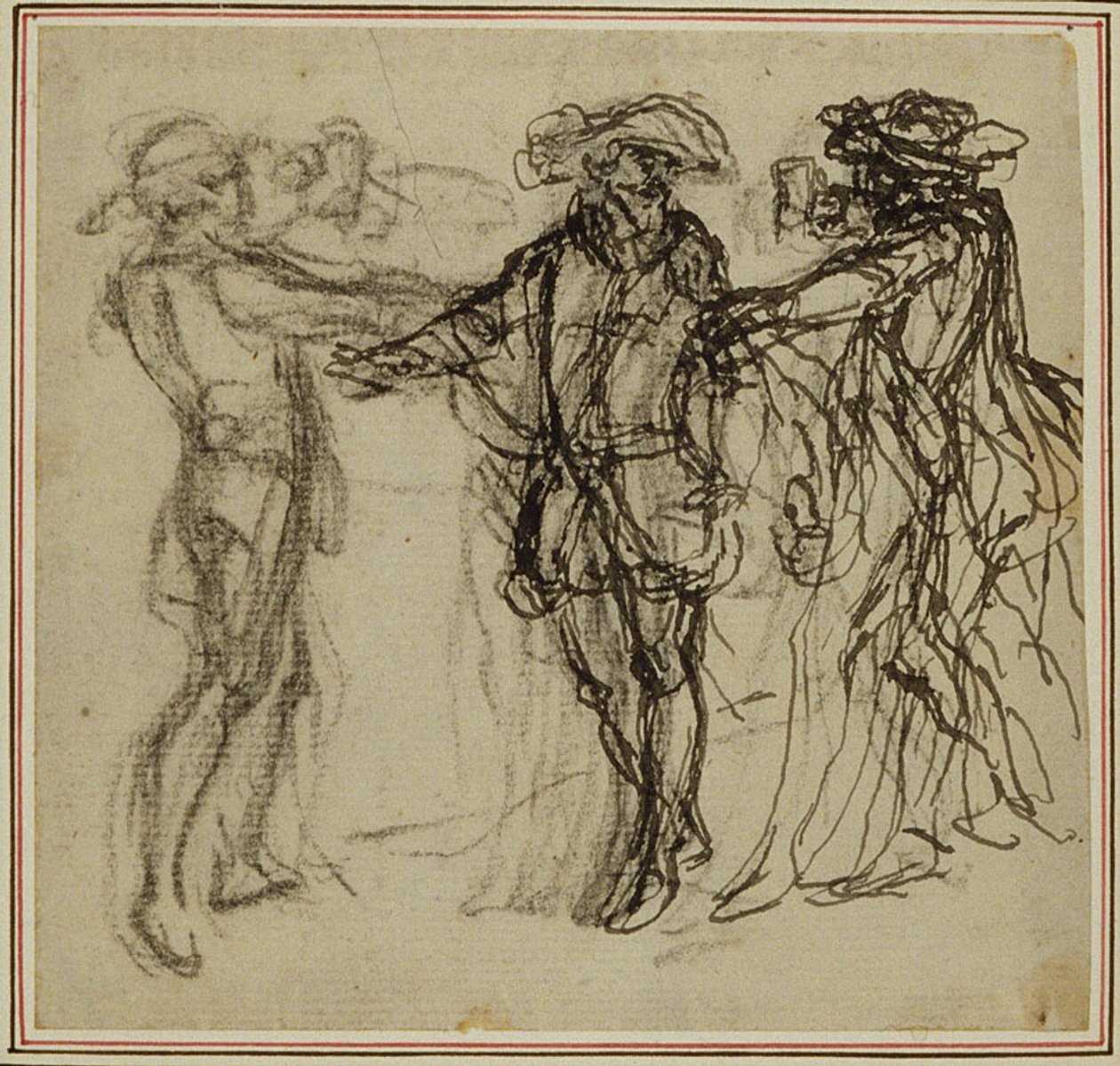 Studie k druhému vydání Colleho hry "La Partie de Chasse de Henri IV", Act II, Scene 11, která nebyla nikdy publikována. od Hubert Francois Gravelot