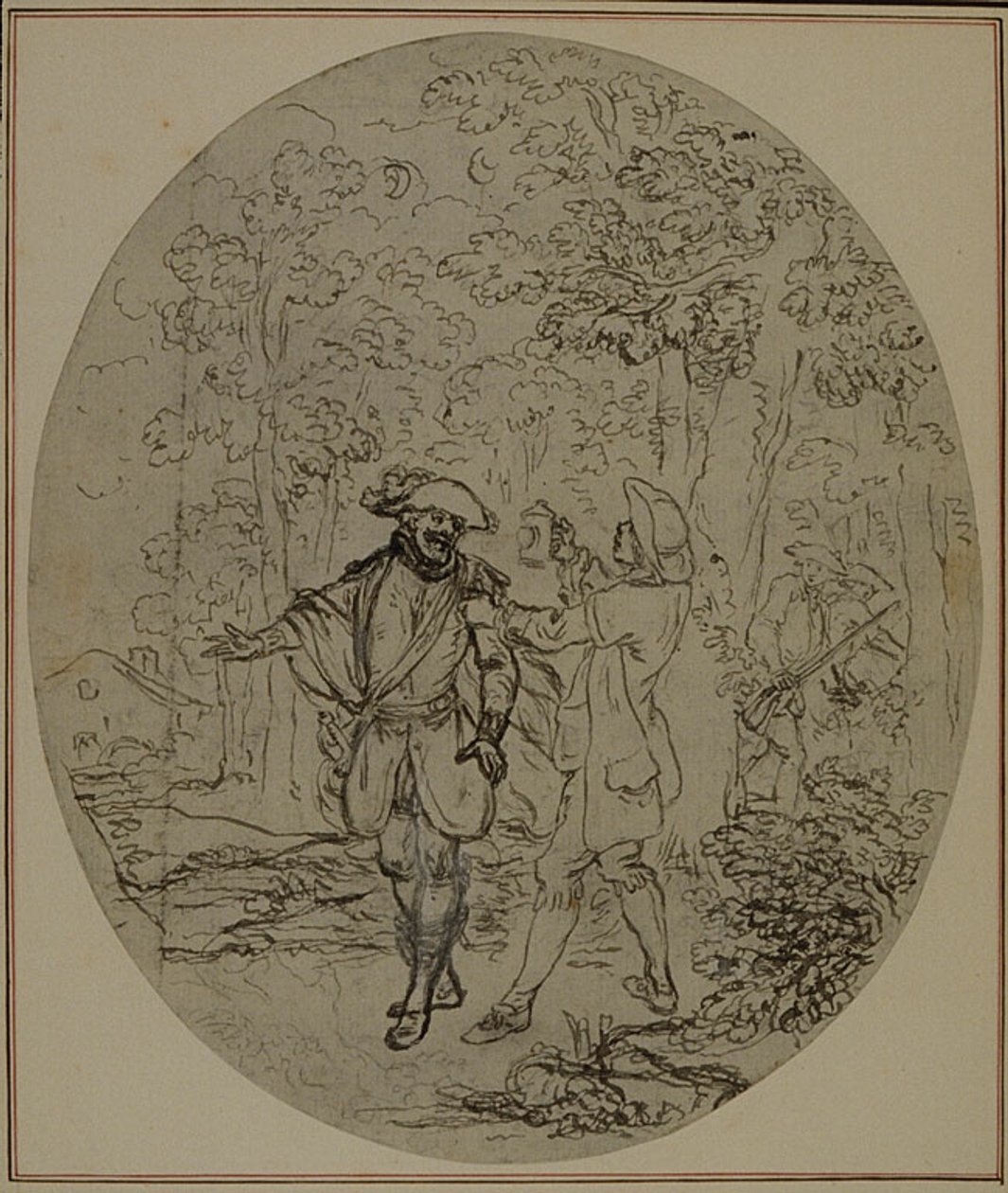 Studie k druhému vydání Colleho hry "La Partie de Chasse de Henri IV", Act II, Scene 11, která nebyla nikdy publikována. od Hubert Francois Gravelot