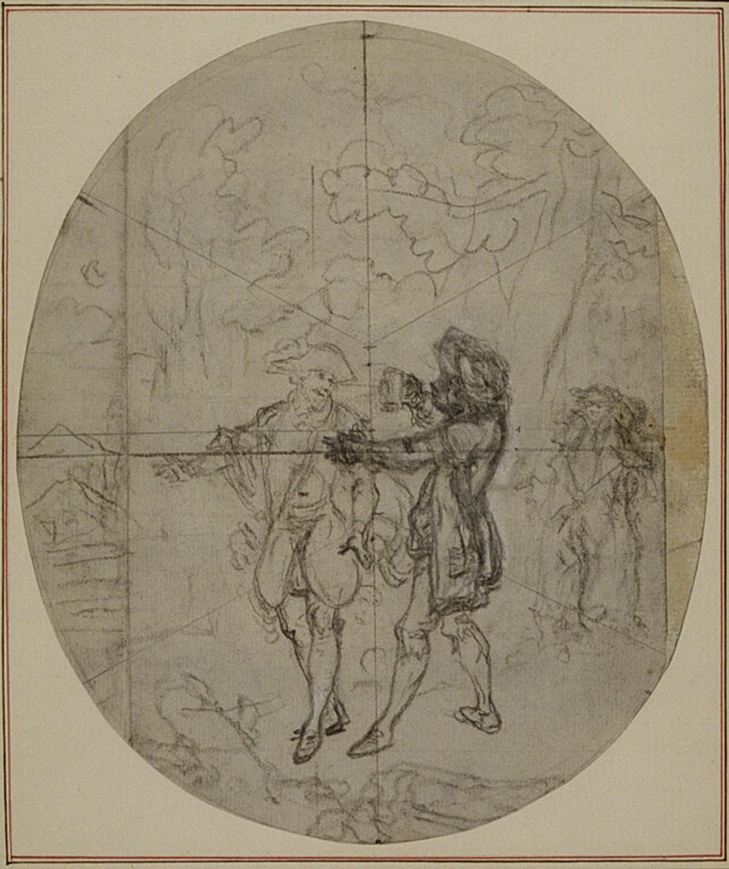 Studie k druhému vydání Colleho hry "La Partie de Chasse de Henri IV", Act II, Scene 11, která nebyla nikdy publikována. od Hubert Francois Gravelot