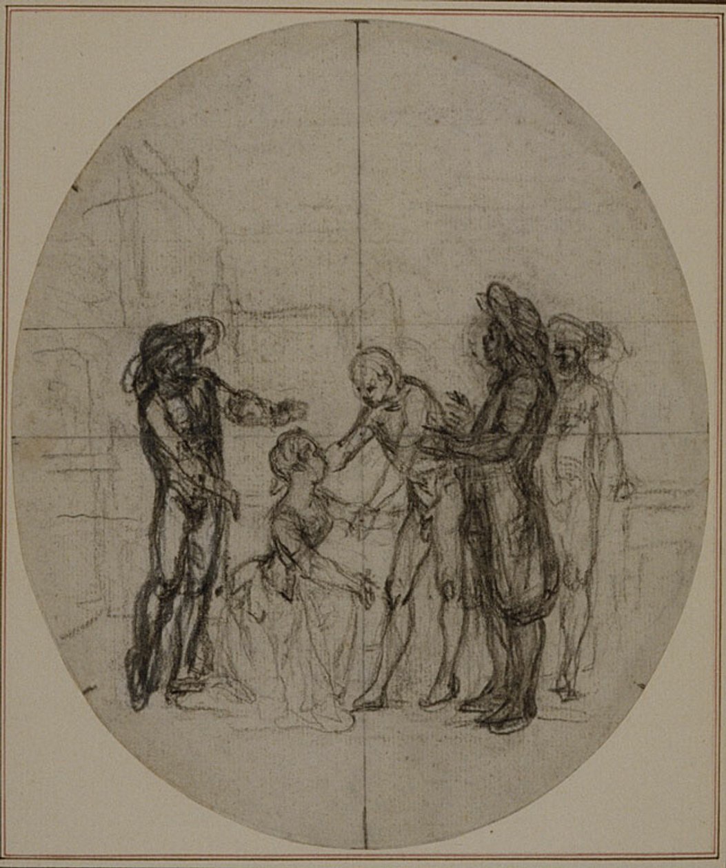 Studie k druhému vydání Colleho hry "La Partie de Chasse de Henri IV", Act III, Scene 11, která nebyla nikdy publikována. od Hubert Francois Gravelot