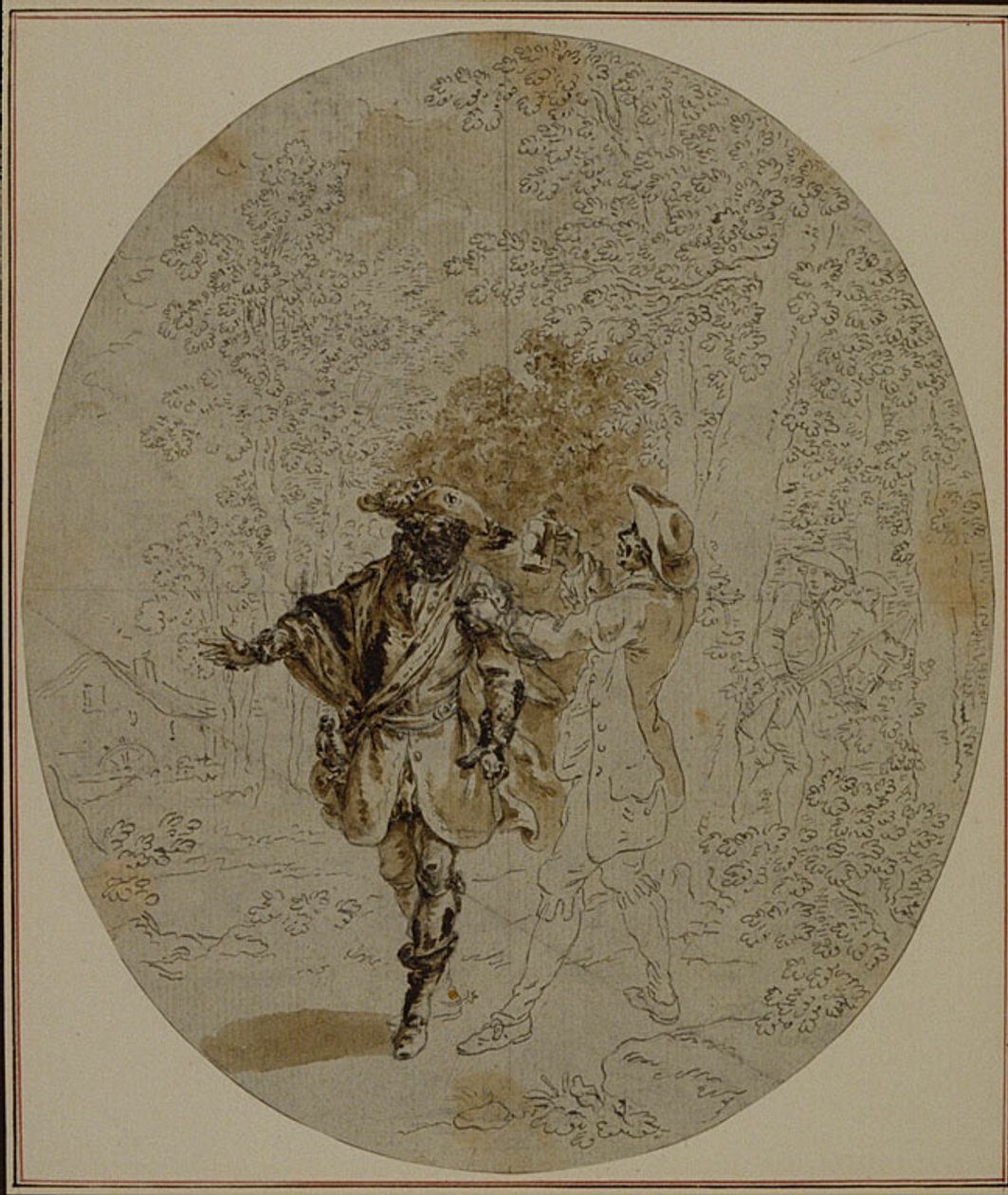 Studie k druhému vydání Colleho hry "La Partie de Chasse de Henri IV", Act II, Scene 11, která nebyla nikdy publikována. od Hubert Francois Gravelot