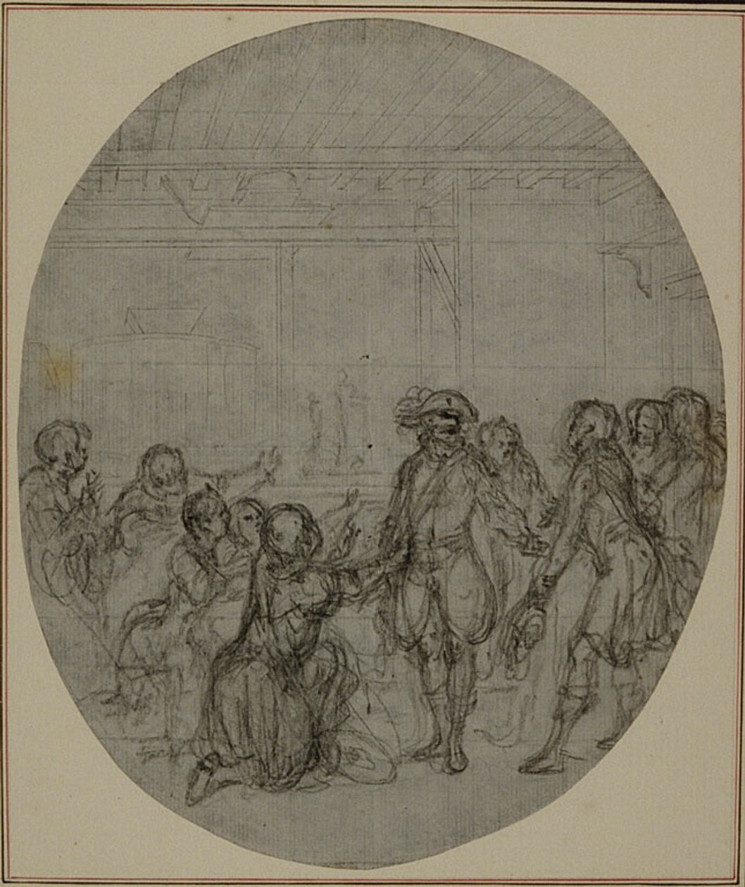 Studie k druhému, nikdy nepublikovanému vydání Colleho hry "La Partie de Chasse de Henri IV", Act III, Scene 13. od Hubert Francois Gravelot