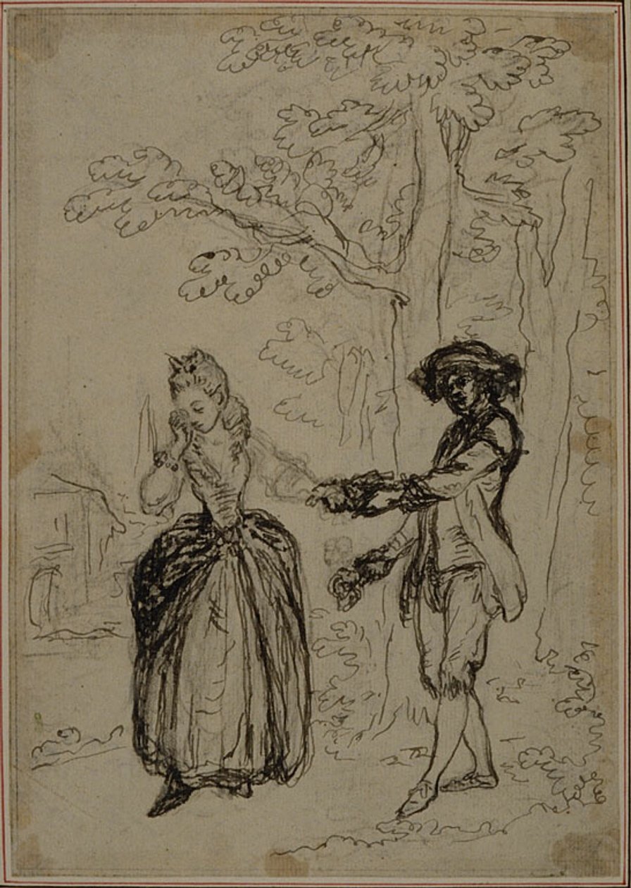 Studie k druhému vydání Colleho hry "La Partie de Chasse de Henri IV", Act II, Scene 3, která nebyla nikdy publikována. od Hubert Francois Gravelot