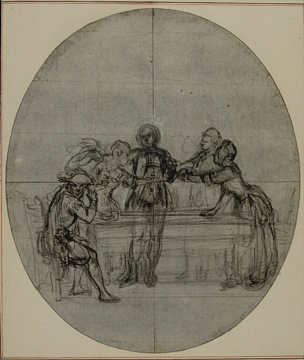 Studie k druhému vydání Colleho hry "La Partie de Chasse de Henri IV", Act III, Scene 10, která nebyla nikdy publikována. od Hubert Francois Gravelot