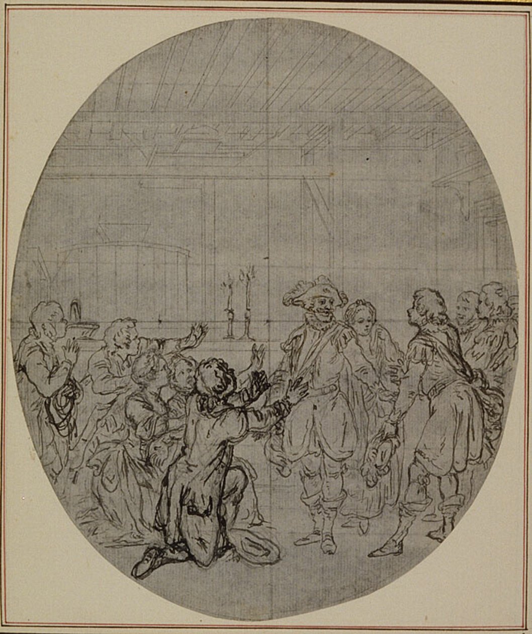 Studie k druhému, nikdy nepublikovanému vydání Colleho hry "La Partie de Chasse de Henri IV", Act III, Scene 13. od Hubert Francois Gravelot