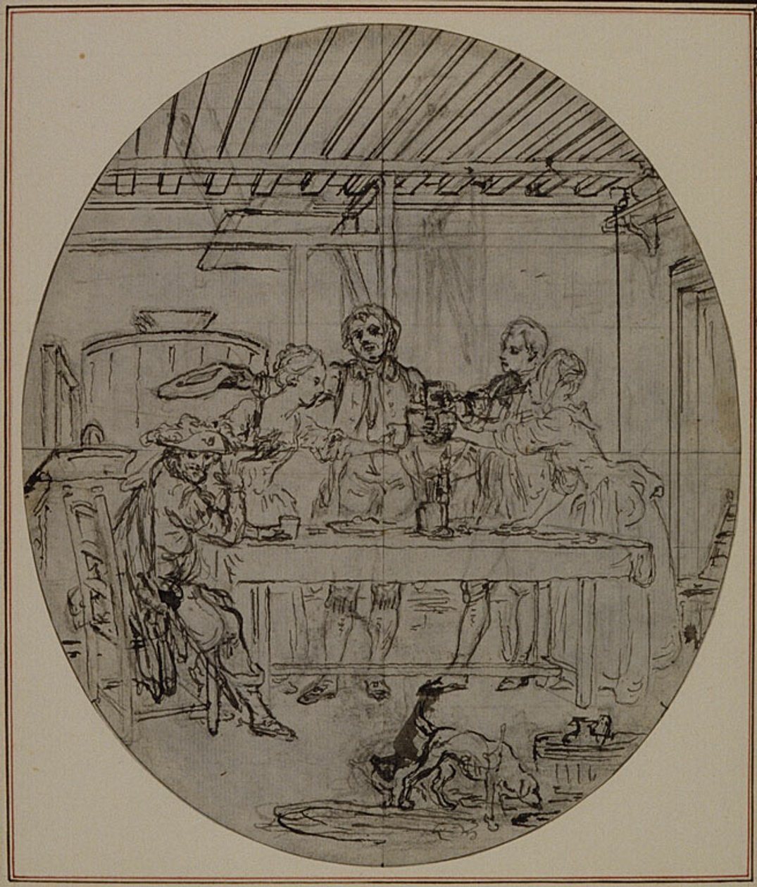 Studie k druhému vydání Colleho hry "La Partie de Chasse de Henri IV", Act III, Scene 10, která nebyla nikdy publikována. od Hubert Francois Gravelot