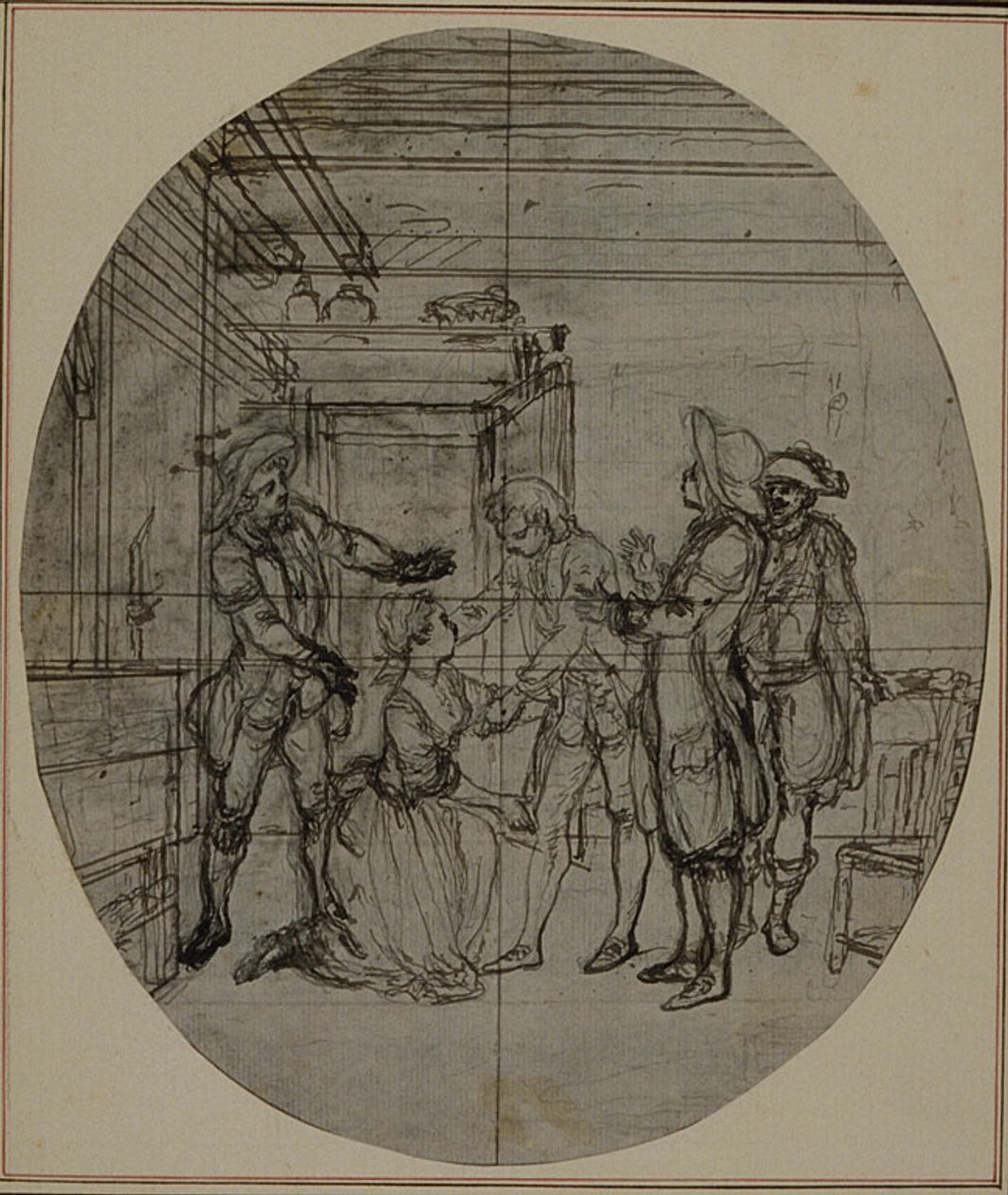 Studie k druhému vydání Colleho hry "La Partie de Chasse de Henri IV", Act III, Scene 11, která nebyla nikdy publikována. od Hubert Francois Gravelot