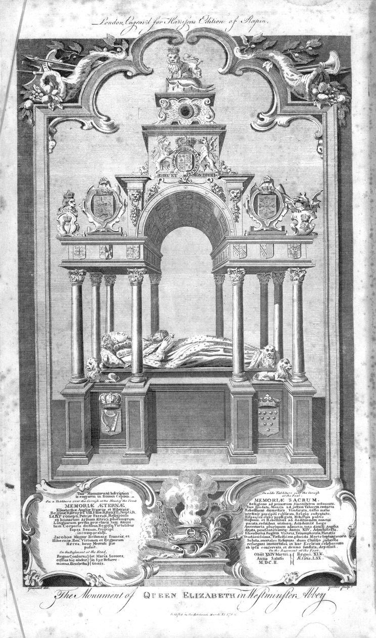 Pomník královny Alžběty ve Westminsterském opatství, ilustrace z Rapinových "Dějin Anglie", vyryl John Goldar, 1786. od Hubert Francois Gravelot