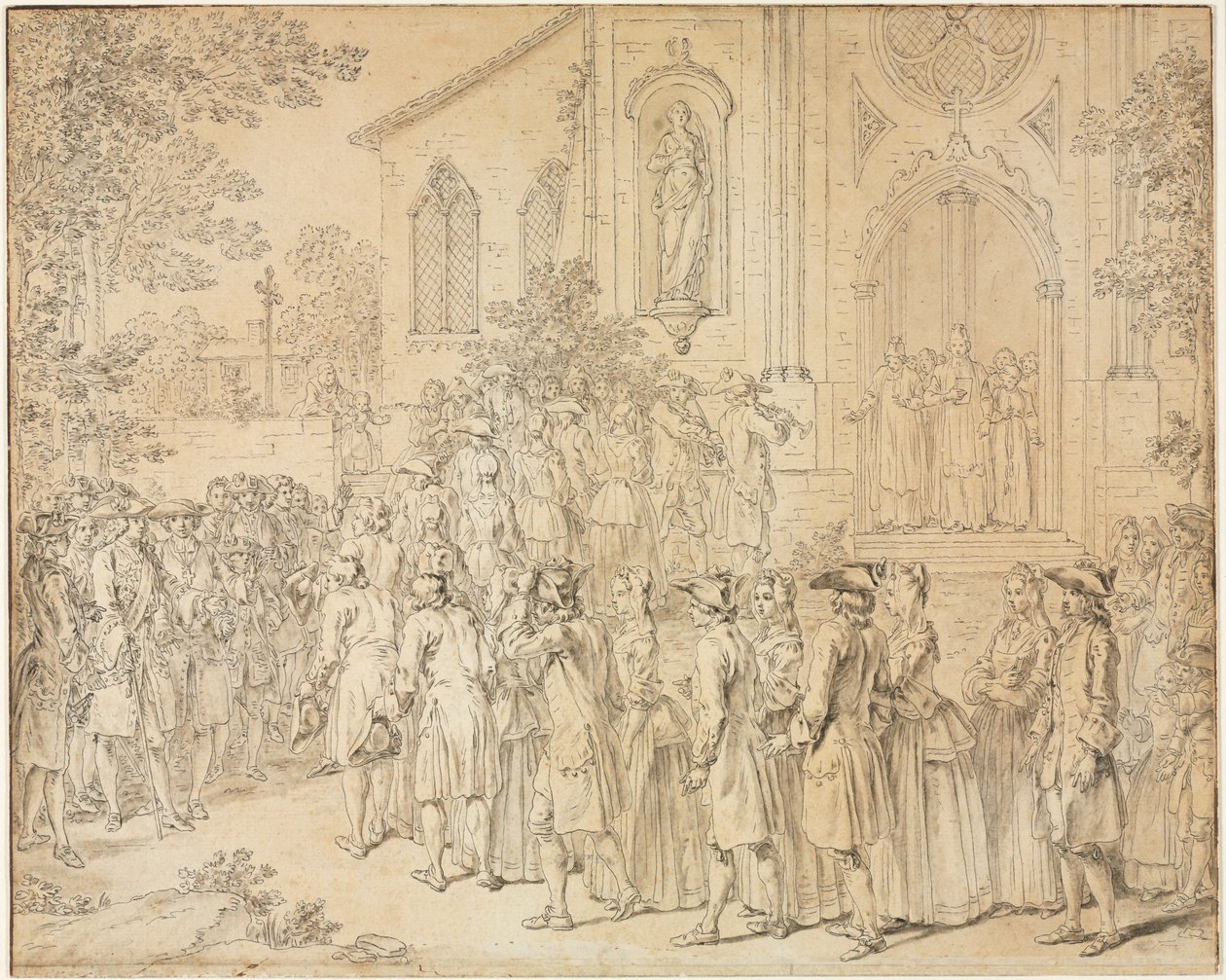 Průvod vcházející do kostela od Hubert François Bourguignon Gravelot