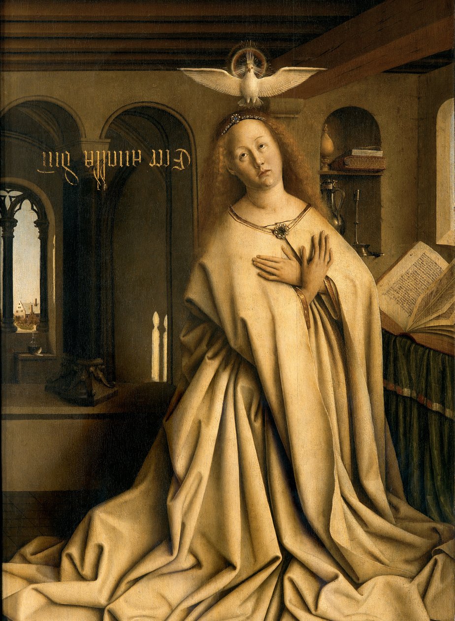 Detail Panny Annunciate, z exteriéru pravého panelu gentského oltáře od Hubert & Jan van (1390 1441) Eyck