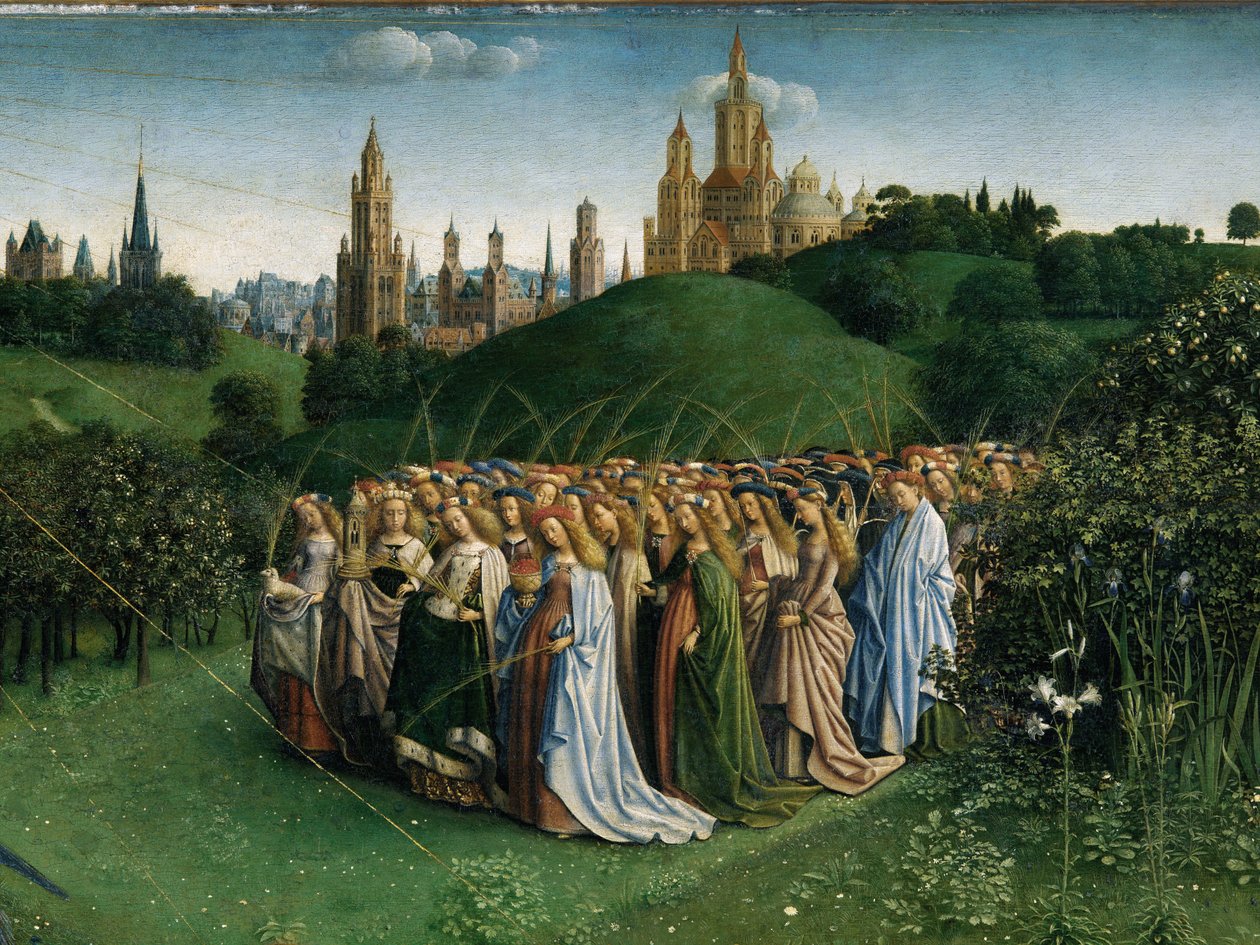 Klanění mystického beránka, z Gentského oltáře, detail spodní poloviny centrálního panelu od Hubert & Jan van (1390 1441) Eyck