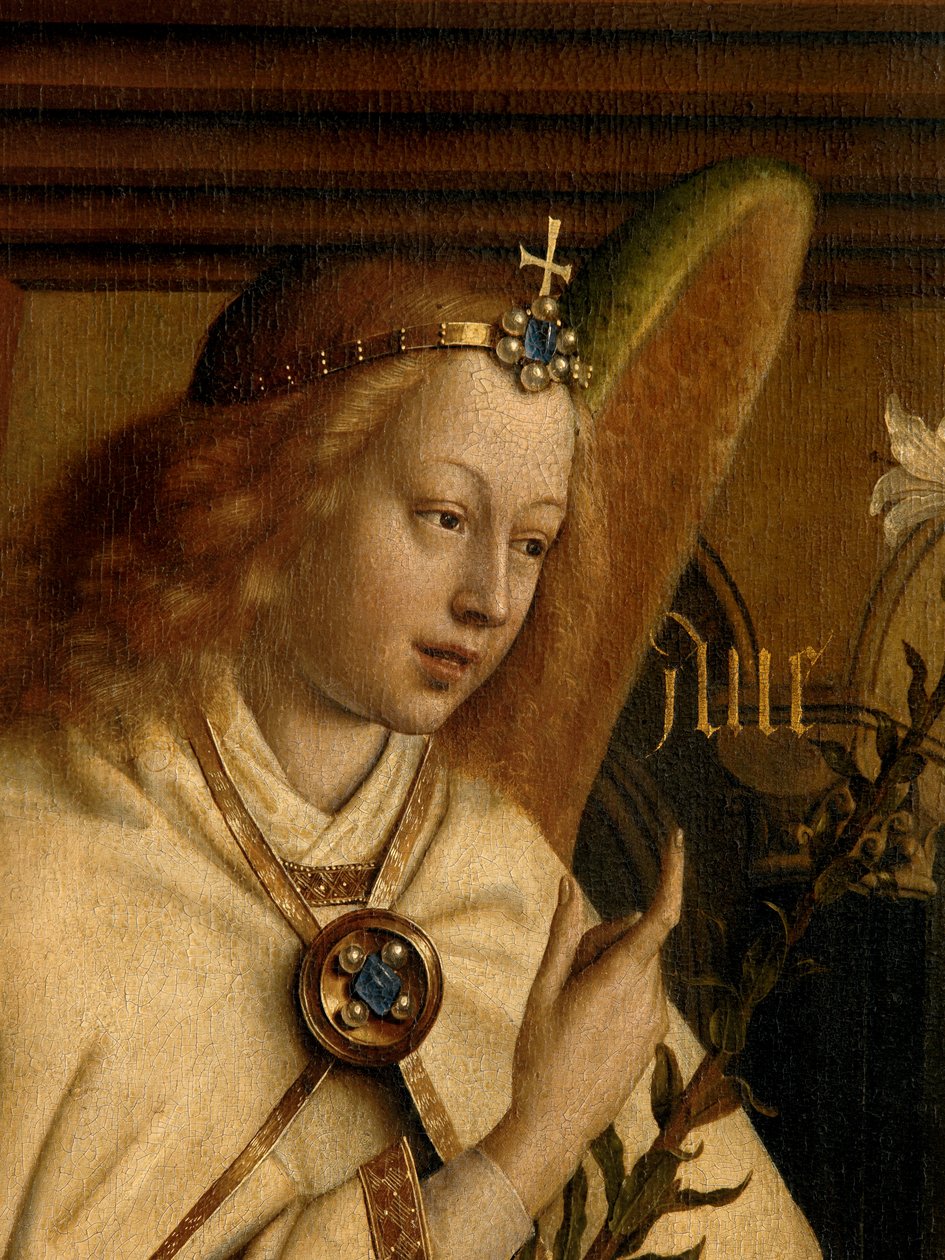 Detail Angel Annunciate, z exteriéru levého křídla Gentského oltáře od Hubert & Jan van (1390 1441) Eyck
