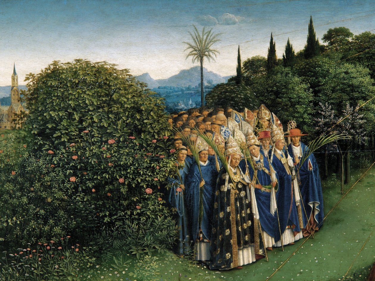 Detail Adoration of the Mystic Lamb, ze středového panelu gentského oltáře (olej na panelu) od Hubert & Jan van (1390 1441) Eyck