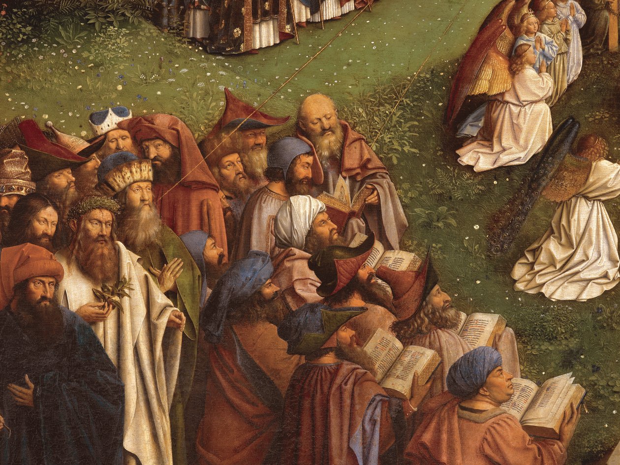 Detail Adoration of the Mystic Lamb, ze středového panelu gentského oltáře (olej na panelu) od Hubert & Jan van (1390 1441) Eyck