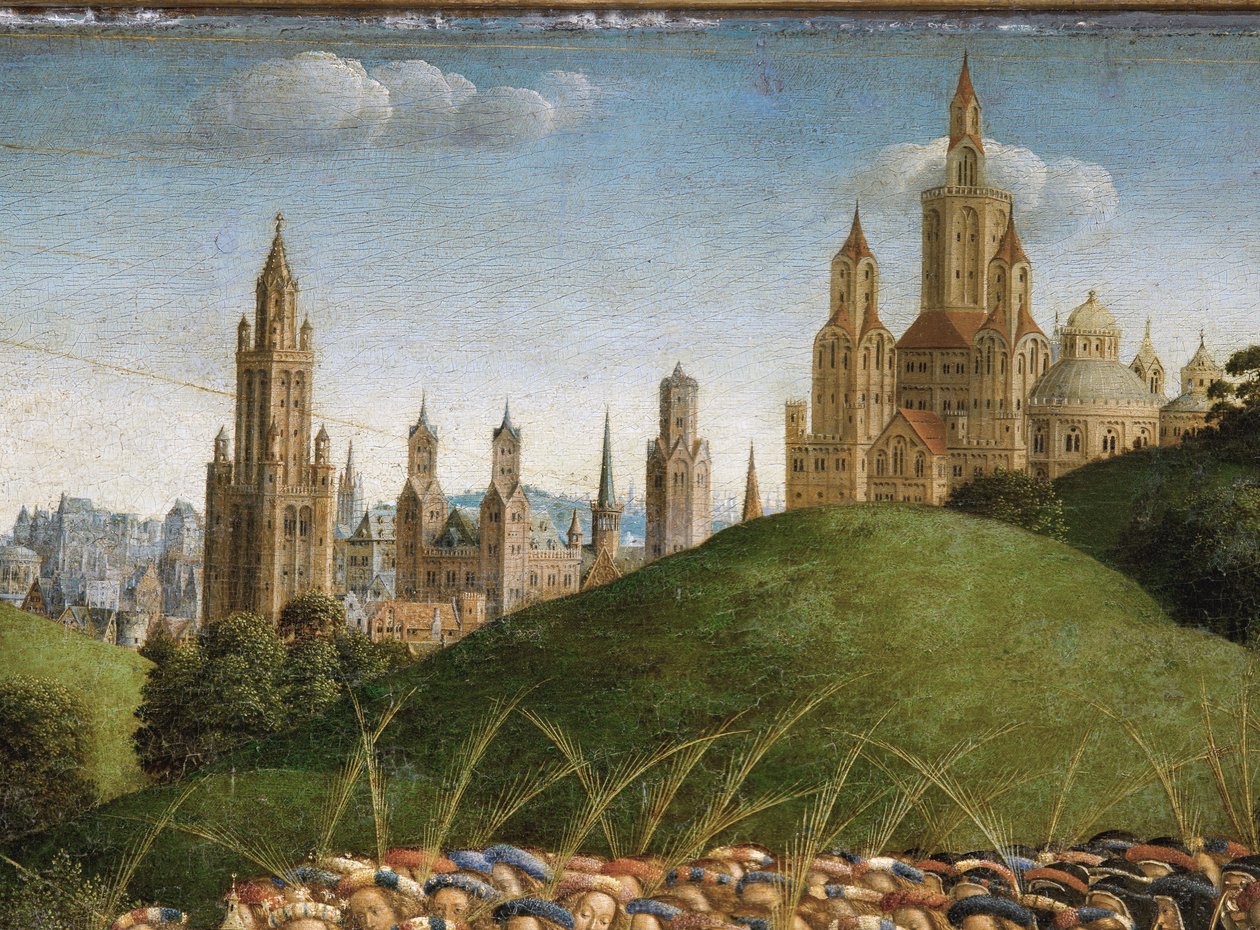 Detail Adoration of the Mystic Lamb, ze středového panelu gentského oltáře (olej na panelu) od Hubert & Jan van (1390-1441) Eyck