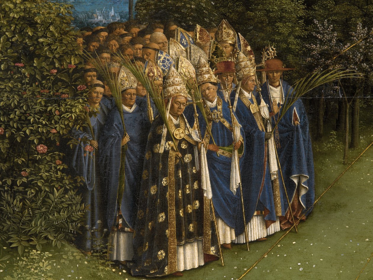Detail Adoration of the Mystic Lamb, ze středového panelu gentského oltáře (olej na panelu) od Hubert & Jan van (1390 1441) Eyck