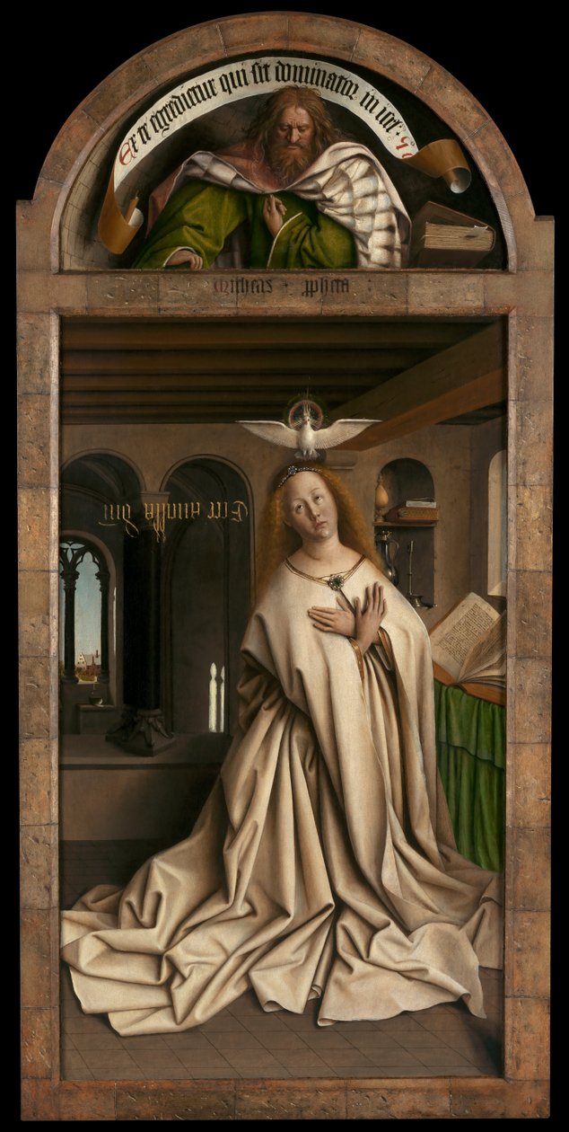 Luneta: Prorok Micah. Spodní panel: Virgin Annunciate, z vnější strany pravého panelu Gentského oltáře od Hubert & Jan van (1390-1441) Eyck