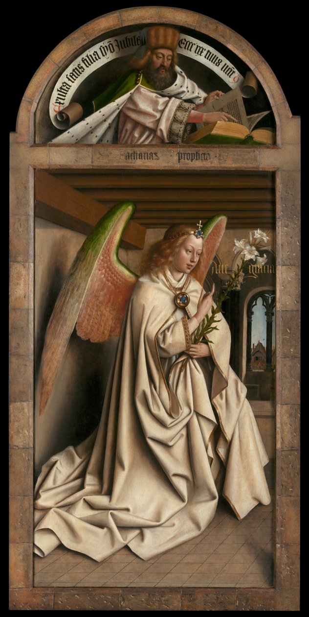 Luneta: prorok Zachariáš. Spodní panel: Angel Annunciate, z vnější strany levého křídla Gentského oltáře od Hubert & Jan van (1390 1441) Eyck