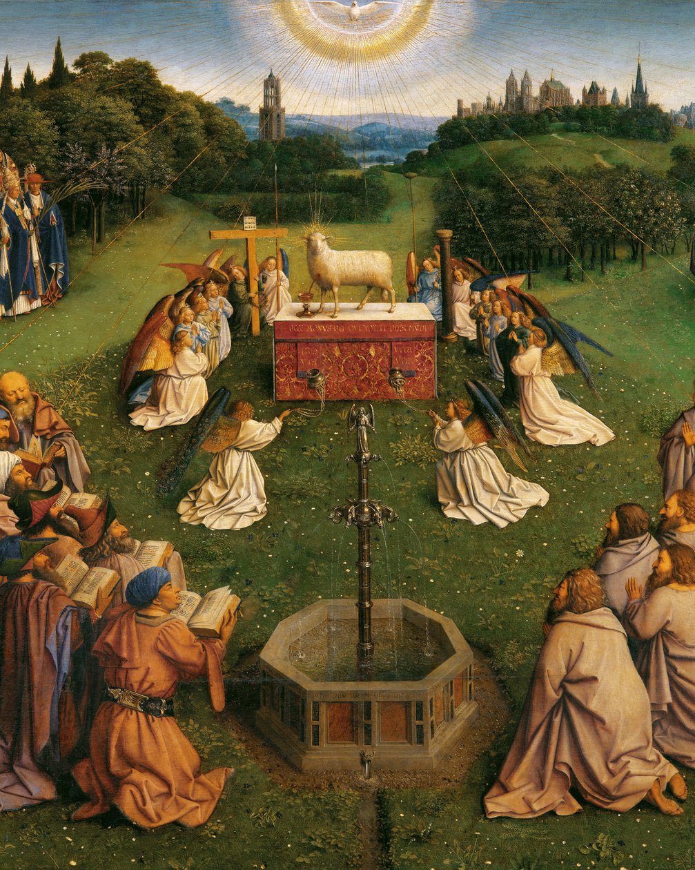 Klanění mystického beránka, z Gentského oltáře, detail spodní poloviny centrálního panelu od Hubert & Jan van (1390 1441) Eyck