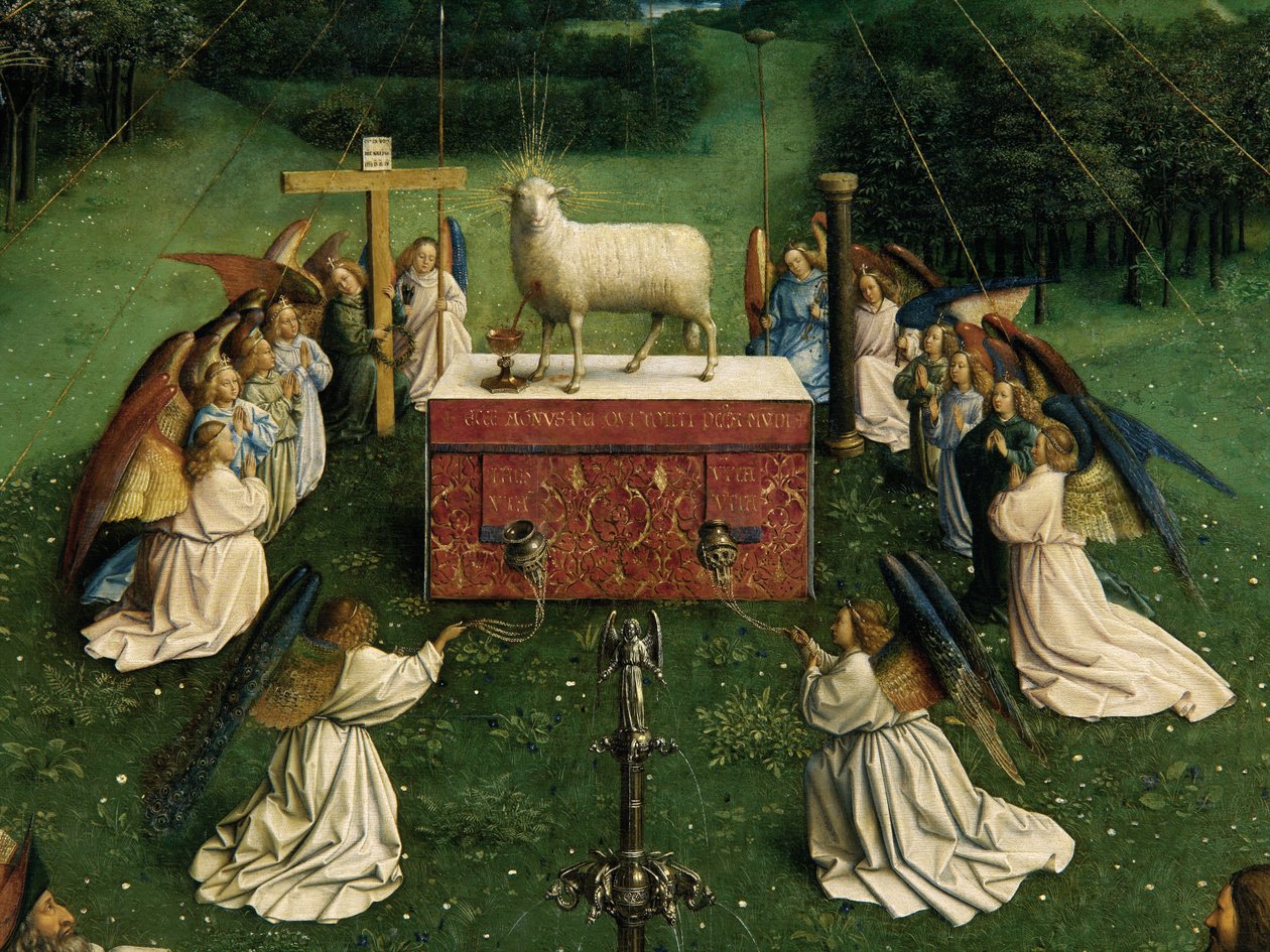 Klanění mystického beránka, z Gentského oltáře, detail spodní poloviny centrálního panelu od Hubert & Jan van (1390 1441) Eyck