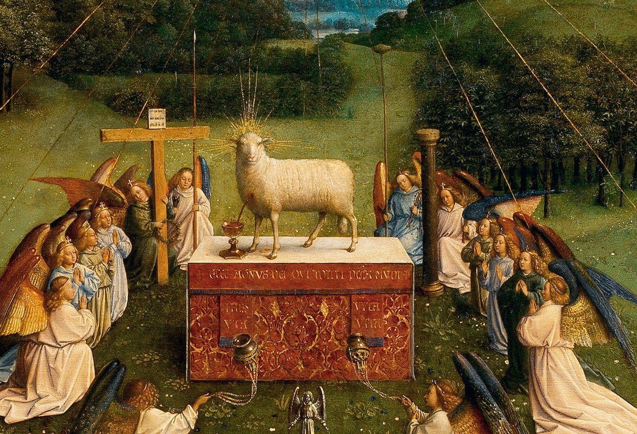 Klanění mystického beránka, z Gentského oltáře, detail spodní poloviny centrálního panelu od Hubert & Jan van (1390 1441) Eyck