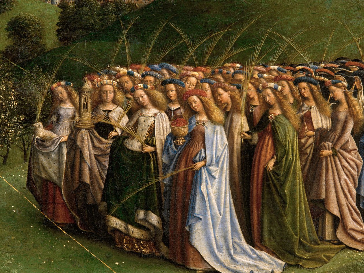 Klanění mystického beránka, z Gentského oltáře, detail spodní poloviny centrálního panelu od Hubert & Jan van (1390 1441) Eyck