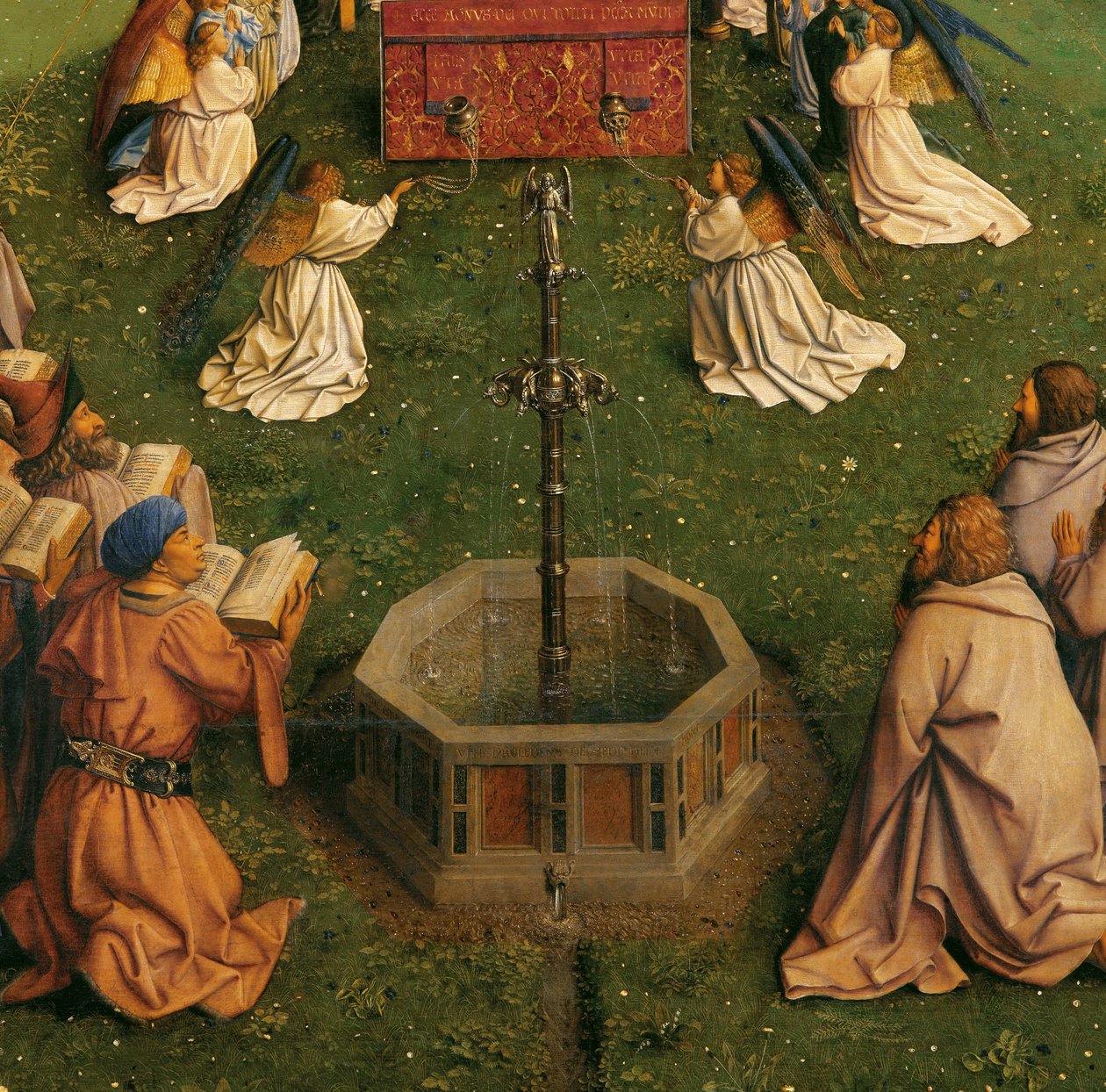 Klanění mystického beránka, z Gentského oltáře, detail spodní poloviny centrálního panelu od Hubert & Jan van (1390 1441) Eyck