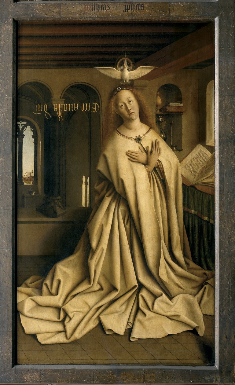 Anděl Gabriel předává poselství Marii, detail z Gentského oltáře, zavřeno (olej na panelu) od Hubert & Jan van (1390 1441) Eyck