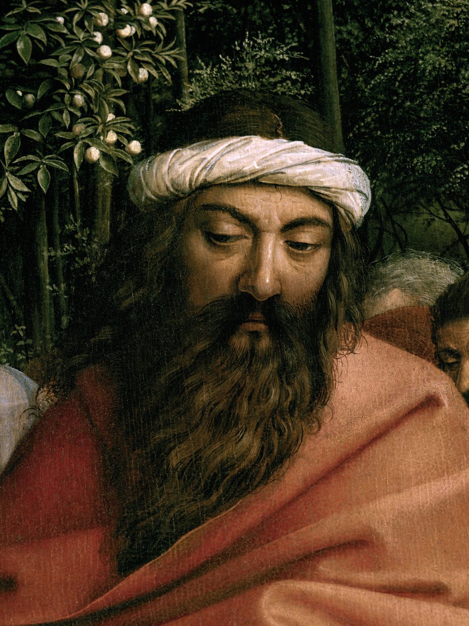Poutníci vedeni sv. Kryštofem, detail sv. Kryštofa, z pravé strany Gentského oltáře od Hubert & Jan van (1390 1441) Eyck
